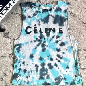 UPCYCLED CELINE Paris Tank Top - White & Blue Tie Dye Hand Made - Womens Size SM